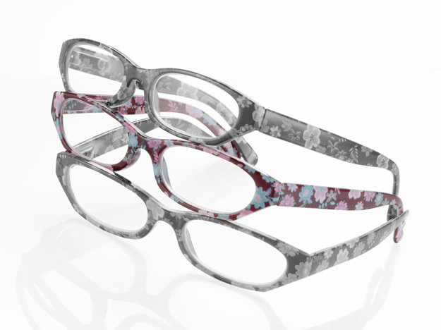 Bild von Kunststoff-Lesebrille, braun, mit Blumenmotiv, Gr. 52-18, +1.00 dptr.